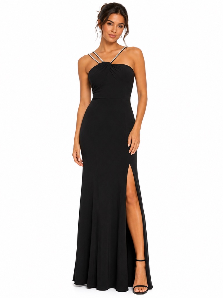 Xscape - Asymmetric Rhinestone Strap Gown
